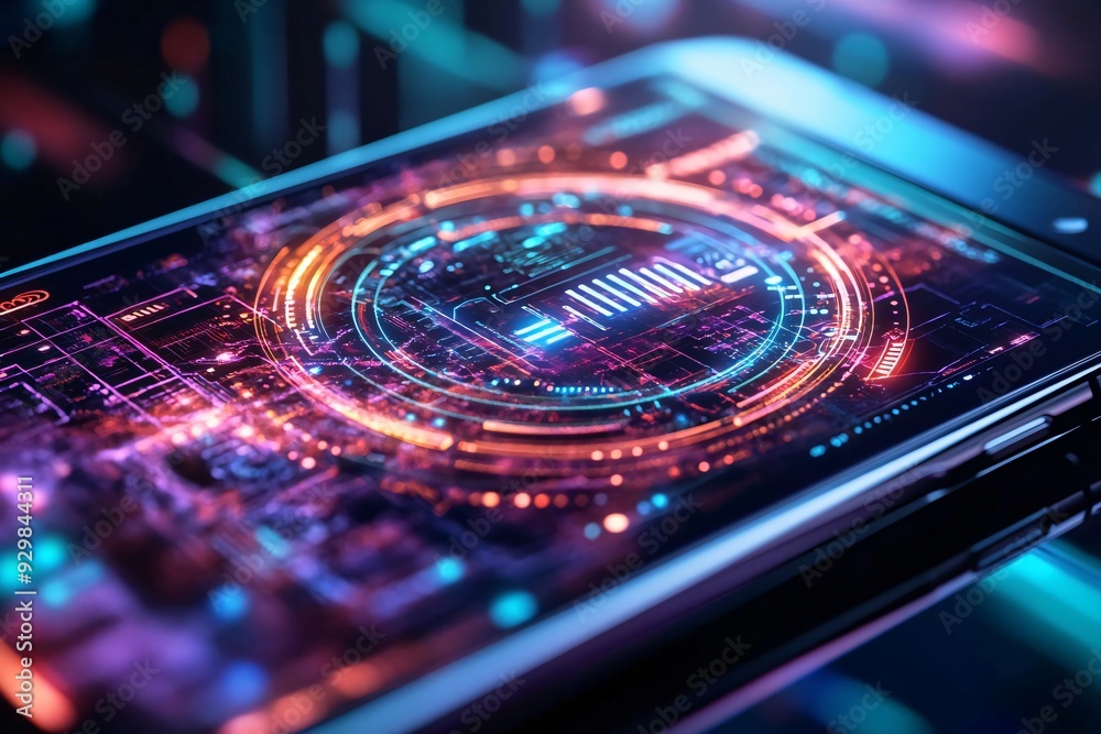 Poster futuristic smartphone displaying vibrant digital interface with glowing patterns and data visualizat