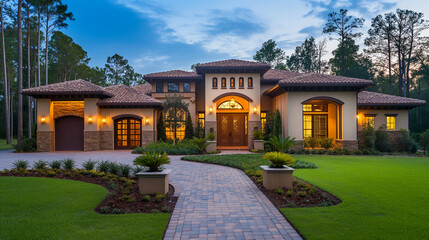 Fototapeta premium Luxury Mediterranean-style home exterior at twilight with lush landscaping and stone accents. Generative AI 