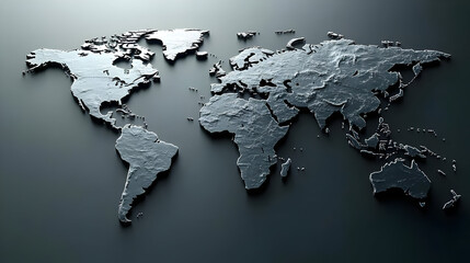 A textured world map design in metallic finish on a dark background.