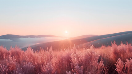 Landscape with pink flowering bushes in the foreground and panoramic view of hills.Pink background of women blog for text signs design. Panoramic wallpaper for girls