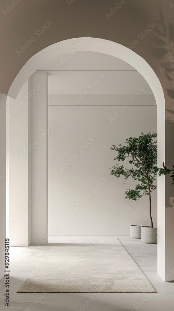 Poster a bright, airy archway frames an empty room featuring a plant in a pot and soft, neutral tones that 