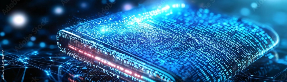Poster futuristic book with glowing digital code, symbolizing advanced technology and knowledge in a high-t