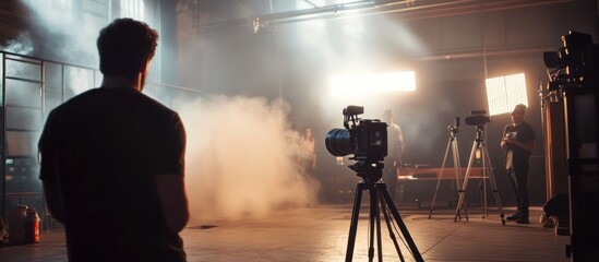 Behind the Scenes: Film Set with Smoke and Camera