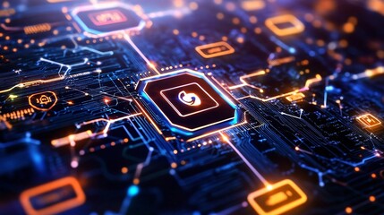 Futuristic digital circuitry background with glowing nodes, showcasing technology and connectivity in modern computer systems.