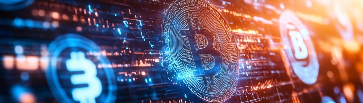 Futuristic digital currency landscape featuring glowing cryptocurrencies with vibrant colors and dynamic patterns.