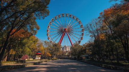 A large Ferris wheel is in the background of a park