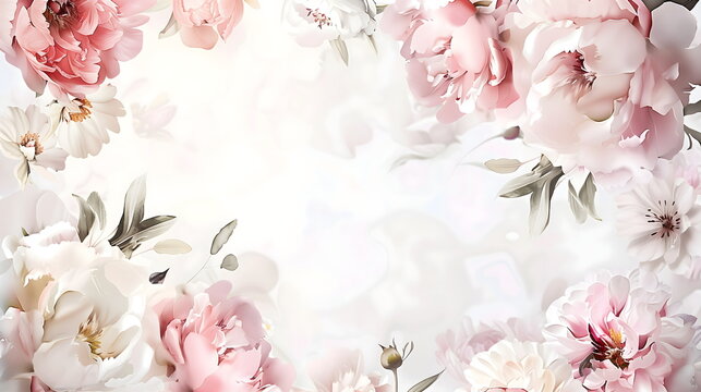 Horizontal banner with delicate pastel peonies on a white background. Greeting card, wedding invitation, Banner with copyspace