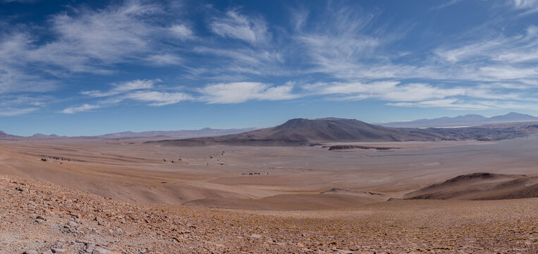 Driving east on Route 27 in the Atacama Desert you see amazing sights like the stunning views across the &ldquo;Monges de La Pacana&rdquo; from the Paso Jama, Chile.