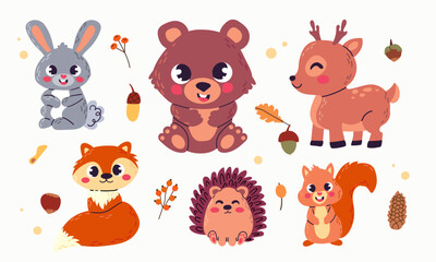 Vector illustration of cute woodland forest animals including deer, rabbit, hedgehog, bear, fox, raccoon, and squirrel. Flat cartoon illustration isolate on white background .