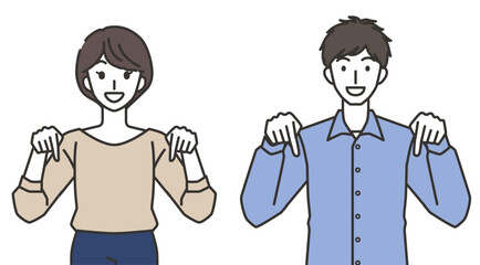 下を指さす男性と女性のイラスト