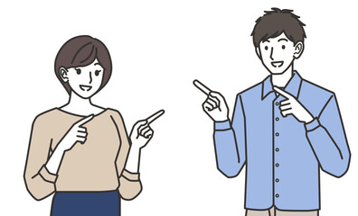 横を指さす男性と女性のイラスト