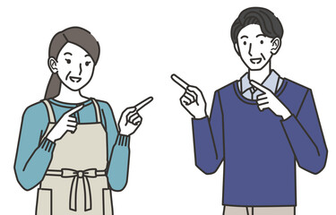 横を指さす40代か50代の男性と女性のイラスト