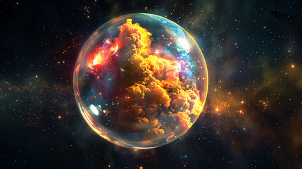 Obraz premium 3D Spectacular cosmic cloud explosion within transparent sphere with black background. Nebula and stars in space concept with purple neon. Abstract wallpaper and creative design, AI Generative.