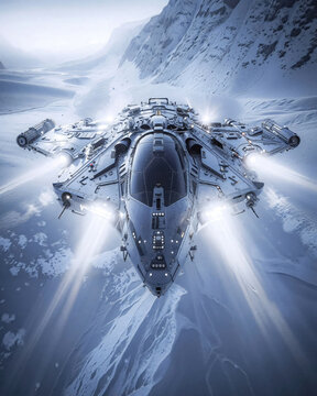 a futuristic spaceship, resembling a fighter jet, flying over a snowy mountain landscape. The spaceship is equipped with advanced technology and appears to be designed for combat