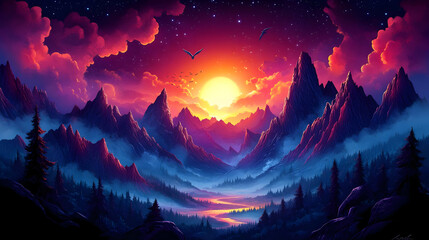 Naklejka premium A vibrant sunset over majestic mountains and a serene valley.
