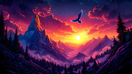 Fototapeta premium A vibrant sunset over mountains with a flying bird.