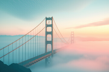 A bridge over a body of water with a pink and blue sky in the background