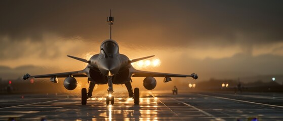 Fototapeta premium A fighter jet rests on the tarmac, sunlight filtering through clouds behind