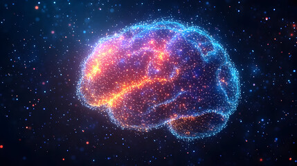 A vibrant, glowing representation of a brain in a cosmic setting.