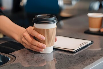Baristas hand holds a coffee cup beside a notepad in a cafe