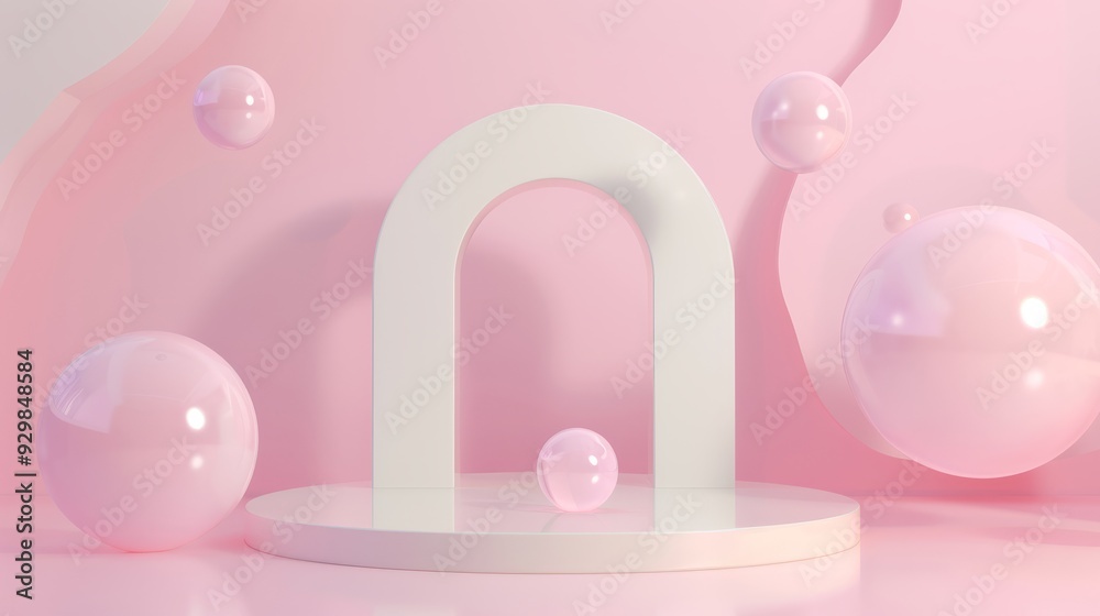 Aufkleber floating translucent spheres surround a white arch on a soft pink background, creating a serene and 