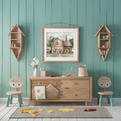 White cozy children room interior background, wall mockup, 3D render 