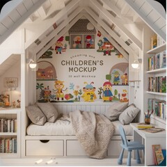 White cozy children room interior background, wall mockup, 3D render 