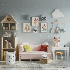 White cozy children room interior background, wall mockup, 3D render 
