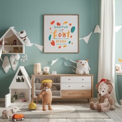 White cozy children room interior background, wall mockup, 3D render 
