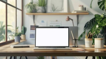 A laptop is on a desk in front of a window with a view of mountains