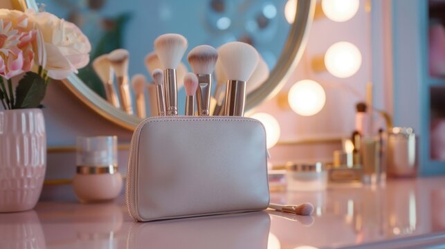 A makeup bag with a mirror and a vase of flowers on a table