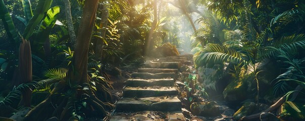 Obraz premium Stone Steps Leading Through Lush Tropical Rainforest