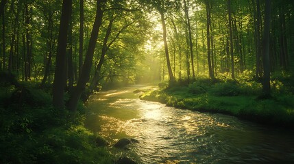 Fototapeta premium Sunlight streams through a lush forest canopy illuminating a winding river.