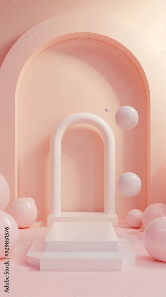 Poster Floating spheres and soft geometric shapes create a calming atmosphere against a light pink backdrop, inviting tranquility and inspiration
