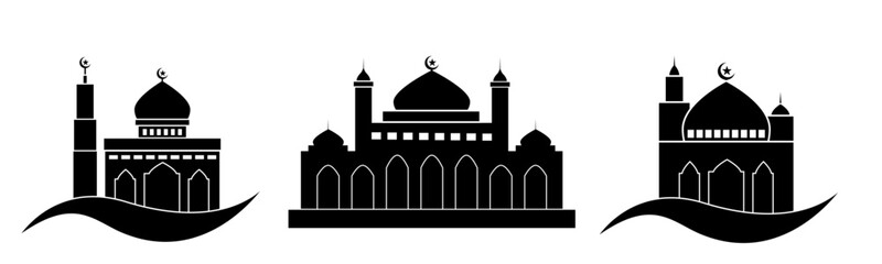 mosque symbol silhouette, islamic simple logo for simple design illustration vector of traditional celebration greeting card. ornament graphic art of masjid shape for indonesian invitation card