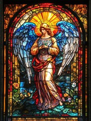 Fototapeta premium Angel Holding Sword Stained Glass Window