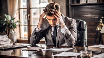 Young Businessman in Suit Holding His Head at Office Desk. Perfect for: Stress Management Workshops, Business Settings, Corporate Health Campaigns