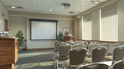 Fototapeta premium Conference Room Banner: A banner positioned in a conference room next to a podium and a projector screen. The room is set up for a presentation with rows of chairs and a table of refreshments.