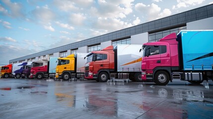 Fototapeta premium A row of colorful trucks are parked in a lot