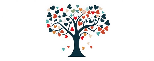 A stylized tree with colorful heart-shaped leaves