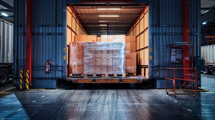 A large truck is parked in a warehouse with a pallet of boxes on the back