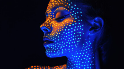 Obraz premium A woman with her skin painted in an intricate pattern of blue and orange dots, posing elegantly against a dark background, illuminated by blacklight, surreal and mysterious effect