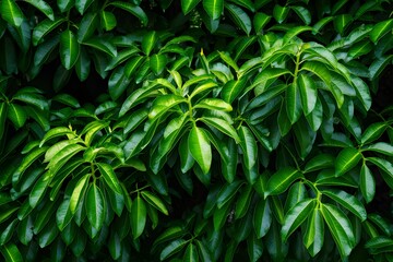Dense canopy of elongated, glossy green leaves creating a rich green backdrop