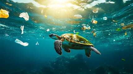 Obraz premium A turtle swimming in the ocean surrounded by plastic bags
