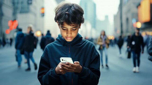 Teenage boy with a smartphone in the middle of the street. Children's addiction to smartphones and the Internet. A moment captured: oblivious to life outside his device.