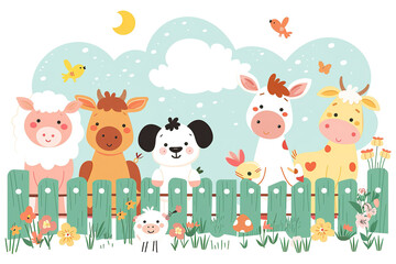 Obraz premium Illustration of cheerful farm animals standing behind a wooden fence in a flower-filled meadow.
