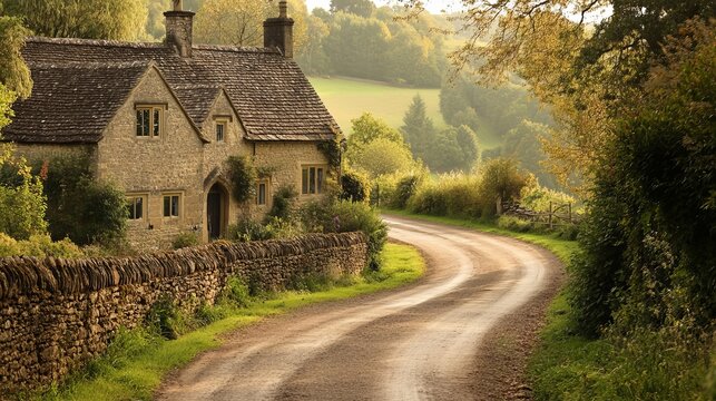 A country lane in the Cotswolds, UK, lined with quaint stone cottages, lush greenery, and picturesque rural scenery, embodying the charm and tranquility of the English countryside.