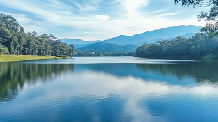 Naklejka premium Ang Kaew Reservoir at Chiang Mai University in Thailand, featuring a tranquil body of water surrounded by lush greenery and the scenic backdrop of the university's campus.
