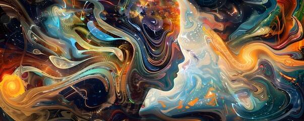 Obraz premium Abstract Cosmic Portrait with Swirling Colors and Galaxies