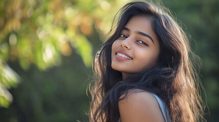 Fototapeta premium Joyful Indian Female Model with Long Wavy Hair in Confident Pose generative ai